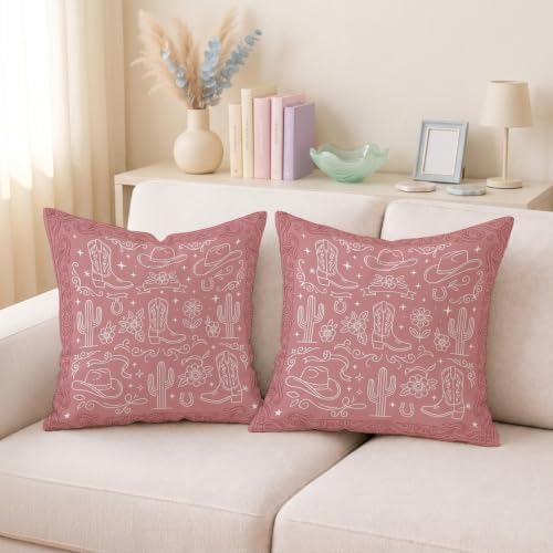 Cowboy Boots Throw Pillow Covers Set of 2, Rustic Bohemian Cowboy Hats