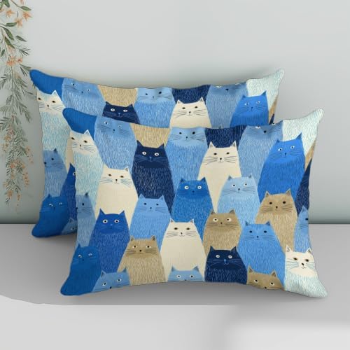 King Duvet Cover Set Soft Microfiber Cat Pattern Blue