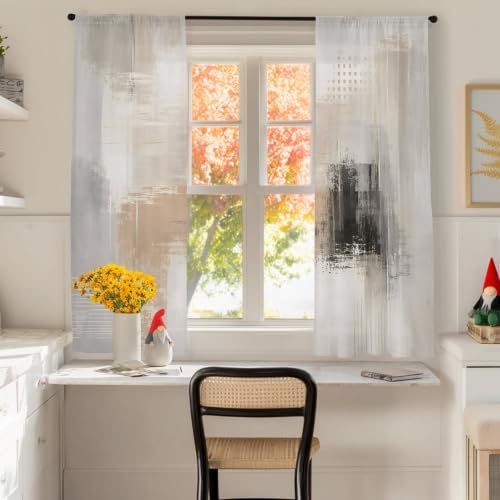 Brown Black Abstract Sheer Curtains 72 Inches Long, Modern Gradient
