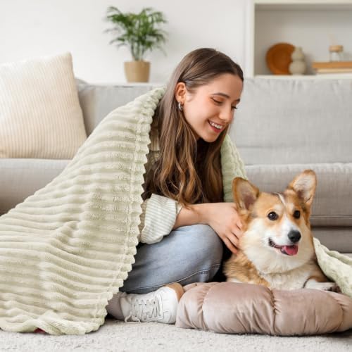 BEDELITE Ribbed Jacquard Beige Fleece Throw Blanket for Couch, 50x70