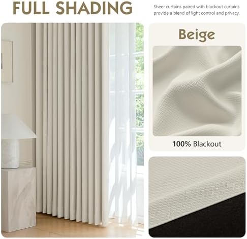 FMFUNCTEX 100% Blackout Beige Curtains 108 Inches for Bedroom, 2