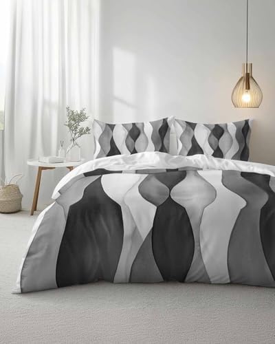 Duvet Cover Set Queen, Abstract Grey Black Gradient Stripes 3 Piece