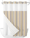 No Hook Beige Striped Shower Curtain with Snap in Liner Set, Modern