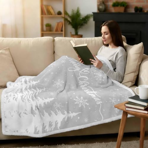 Christmas Tree Sherpa Fleece Blanket White Pines Tree Silhouette