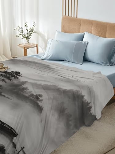 Cal King Size Flat Sheet Only, Foggy Forest Mountain Tree Boat on Lake