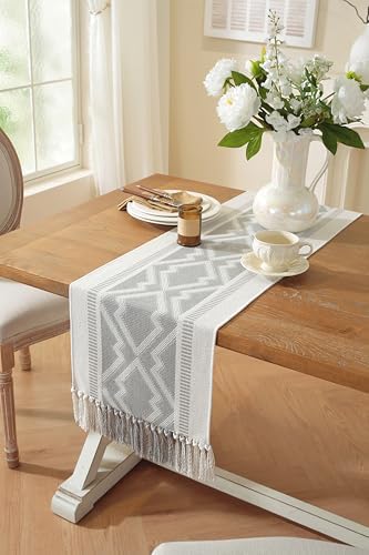 Boho Table Runner, Natural Cotton Woven Gray Runner,for Modern