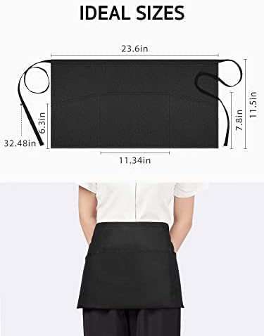 Syntus 3 Pack Cotton Server Apron with Pockets for Women, Black Waist