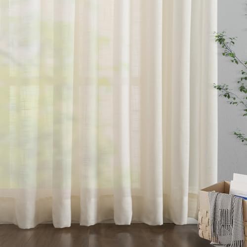 LETAU Faux Linen Cream Sheer Curtains 63 inches Long, Light Filtering