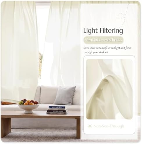 Beauoop Warm Beige Semi Sheer Curtains for Living Room 52x96 2 Panels