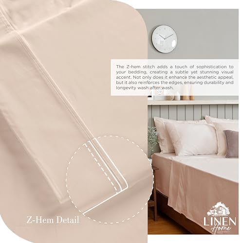 Linen Home 100% Cotton Percale Sheets Twin Size, Sand Shell, Deep
