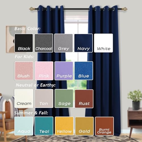 Mrs.Naturall Navy Blue Blackout Curtains 96 Inches Long 2 Panel