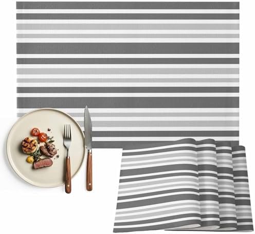 Gradient Gray Stripe Placemats Set of 8, Geometric Washable Cotton