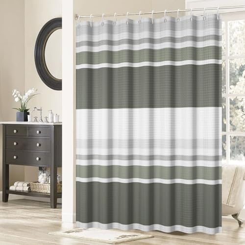 Renaiss Gray Green Striped Waffle Weave Small Stall Shower Curtain