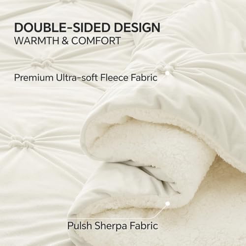 BEDELITE Fluffy Sherpa King Comforter Set,Pintuck-Cream