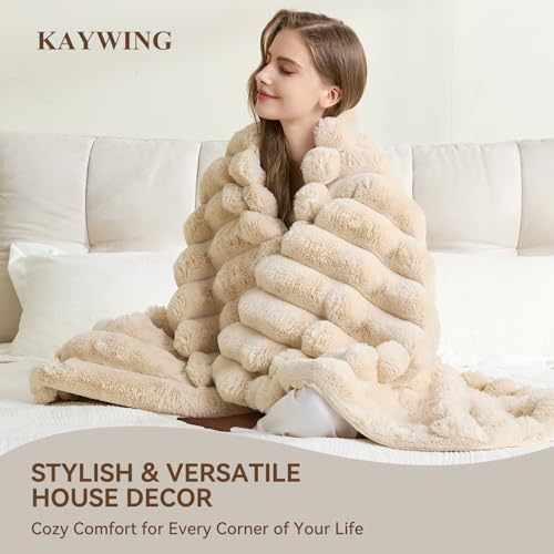 KayWing Faux Fur Throw Blanket: Beige Reversible Ultra Soft Rabbit