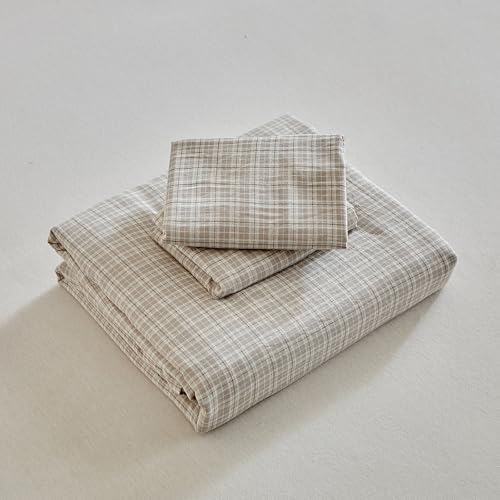 DuShow Grid Queen Duvet Cover Set - Taupe Plaid Checkered Washed