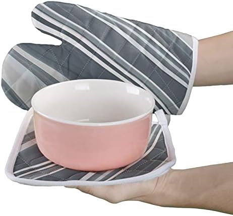 Oven Mitts and Pot Holder Set for Kitchen, Grey and White Lines