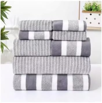 Striped Bath Towel Set, Gray and White, 6-piece Set, Soft and