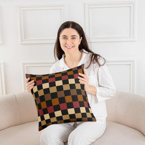 Checkered Retro Throw Pillow Covers Set of 2 Brown Red Black Plaid