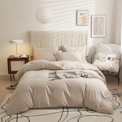 AZMTOP Soft Breathable Beige Duvet Cover Set 3 Pieces Queen Size
