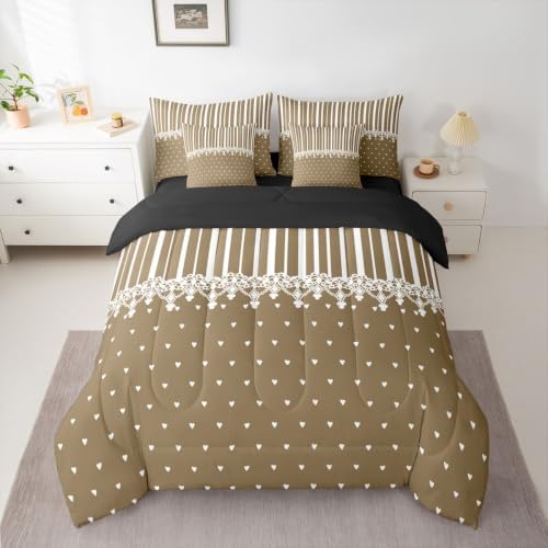 Erosebridal Taupe Heart Striped Queen Comforter Set with Sheets 7 Pcs
