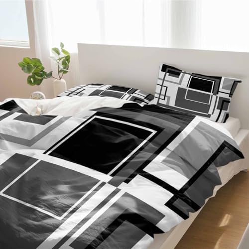 Duvet Cover Set Queen, Geometric Grey Black Abstract Art 3 Piece