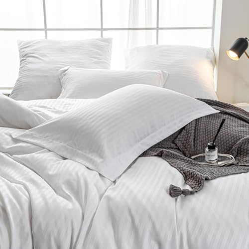 Hotel Duvet Cover Queen Size White Satin Pin Striped 3 Piece Set