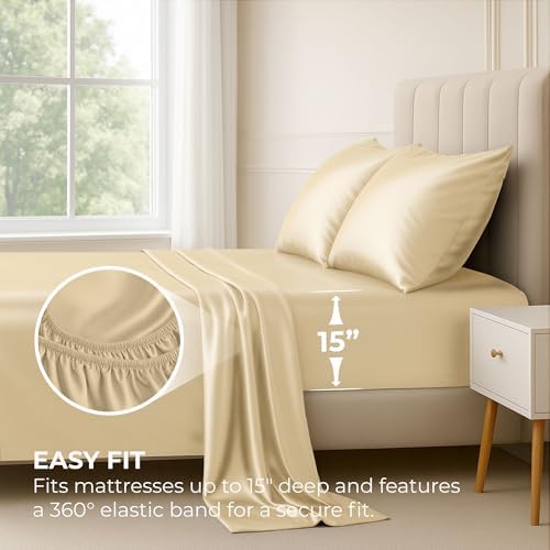 Satin Sheets Full [4-Piece, Ivory] Hotel Luxury Silky Bed Sheets