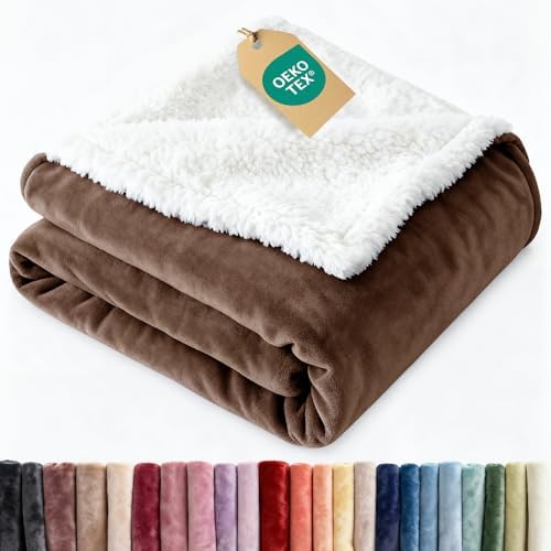 Sherpa Fleece Blanket Throw XL Size - Reversible Blanket - Brown, 50"