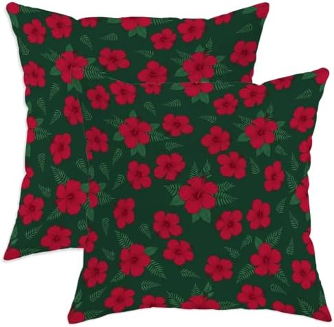 Botanical Red Hibiscus Floral Flowers Throw Pillow Covers 18x18 Set of
