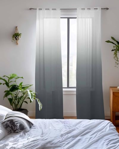 Grey Ombre Sheer Curtains 63 Inch Length Grommet Semi Sheer Drapes for