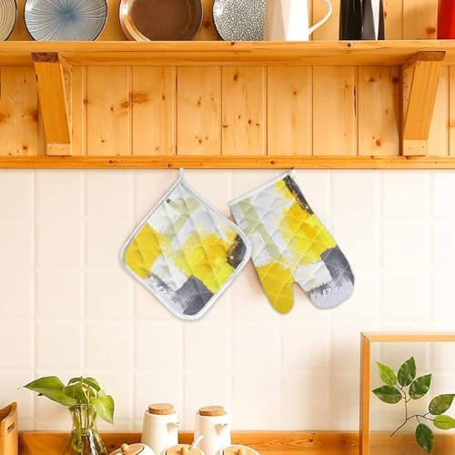 Quilted Cotton Terry Cloth Oven Mitt, Pot Holder Yellow Gray White