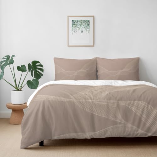 Warm Taupe Line Art Duvet Cover Queen Size, Modern Abstract Art Luxury
