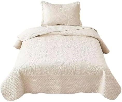 3-Piece Cotton Twin Quilt Set Embroidered Quilted Bedding Bedspread