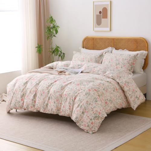 ABREEZE 100% Cotton Duvet Cover Queen Size Floral Bedding Set 3 Pieces