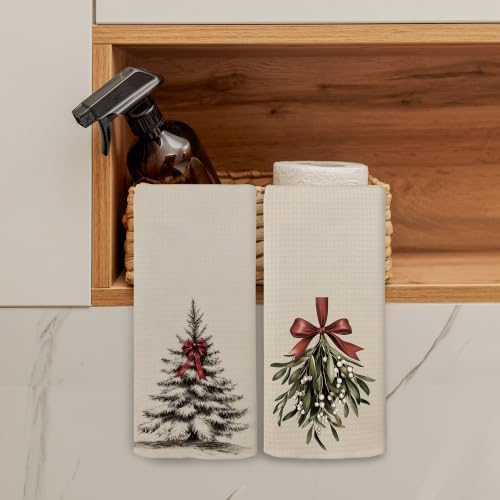 Vintage Beige Christmas Tree Mistletoe Kitchen Towels, 16"x24"