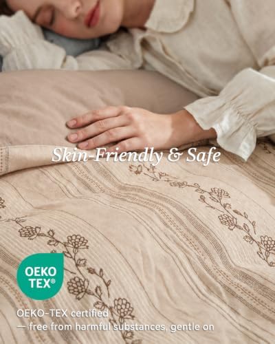 Bailix Floral Striped Duvet Cover Set Queen Size, 100% Washed Cotton