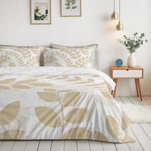 Beige Leaves Queen Size 4 Piece Duvet Cover Set, Summer Farmhouse