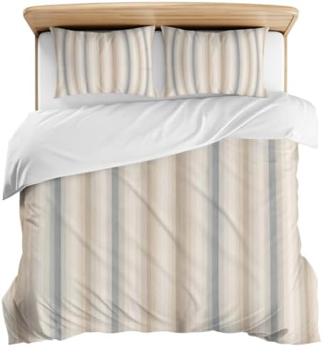 Duvet Cover Queen Size, Brown Gray Striped 3-Piece Bedding