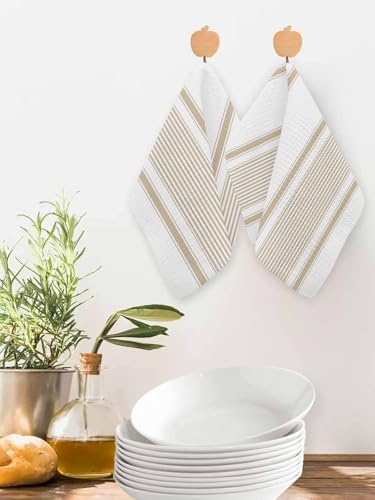 Beige Striped Dish Towels Set, Waffle Weave Kitchen Towels 3 Pieces