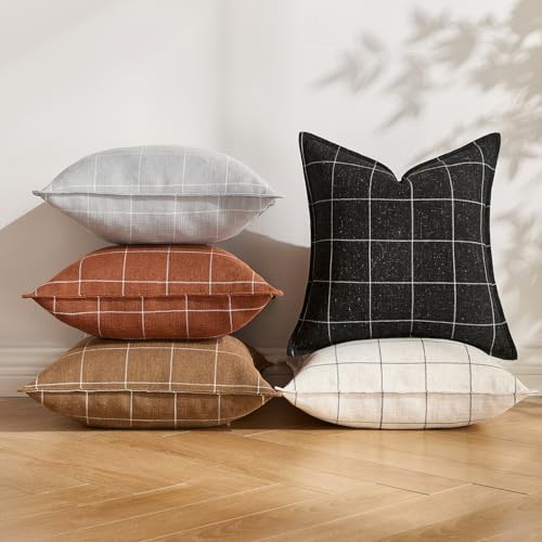 Grey Pillows Neutral Gray Plaid Linen Throw Pillow Covers 18x18 Set of