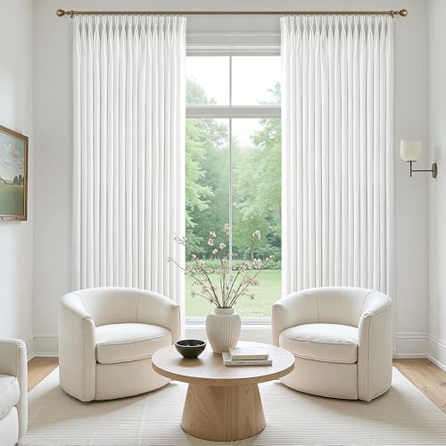 120 Inch Long White Pinch Pleated Linen Curtains 2 Panels Set for