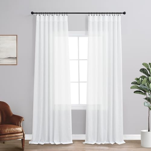 KOUFALL 90 Inch White Linen Curtains, Textured Semi Sheer Curtains for