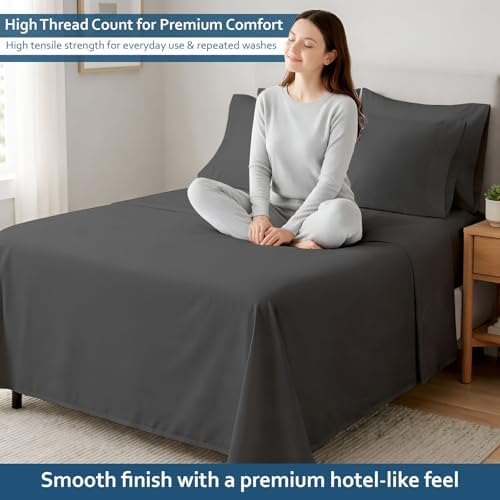 King 6 Piece Egyptian Cotton Sheet Set, 16 In Deep Pocket, Dark Grey