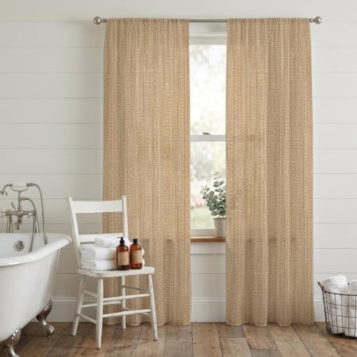 Sheer Curtains 108 Inch Length 2 Panels Beige Linen Texture Light