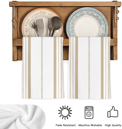 Beige Vertical Stripes Kitchen Towels Set of 3, Absorbent Dish Towels
