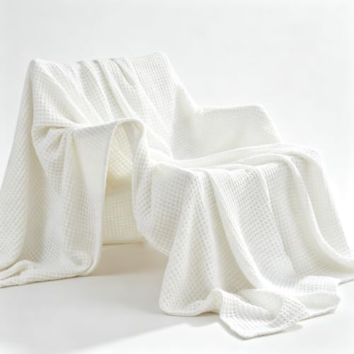 Lightweight 100% Cotton Waffle Blanket,Throw XL,Ivory