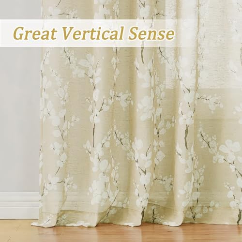 FMFUNCTEX Linen Sheer Blossom Floral Print Curtains Cream 63 Inch 2