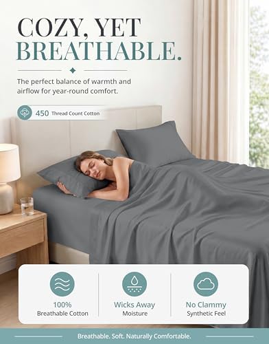 450TC 100% Cotton King Sheet Set - Silky Smooth Sateen Weave, Charcoal