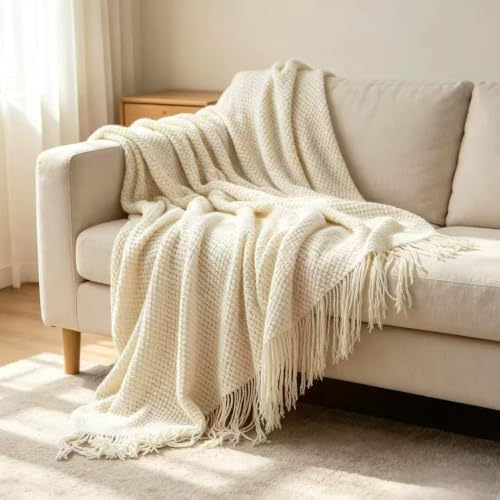 Neutral Oatmeal Throw Blanket, Textured Throw Knit Throw Blanket